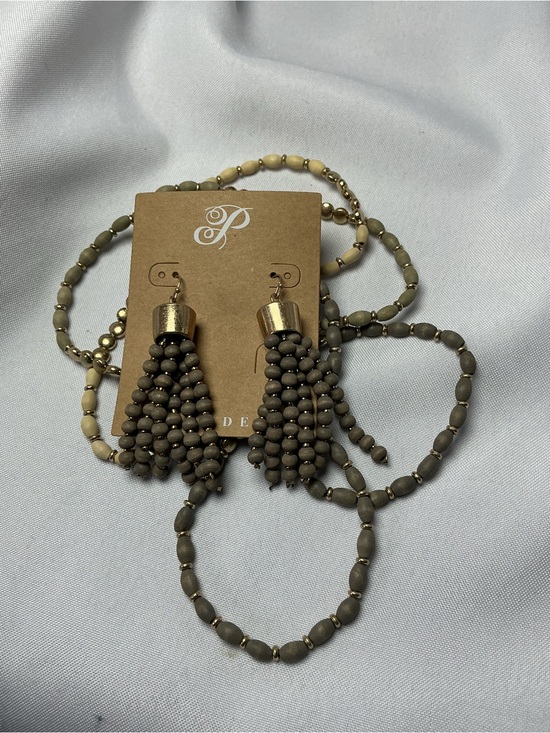 Jewelry - ★ Boho Wood Bead Tassel Earrings & Stack Bracelet Set Neutral Gold
